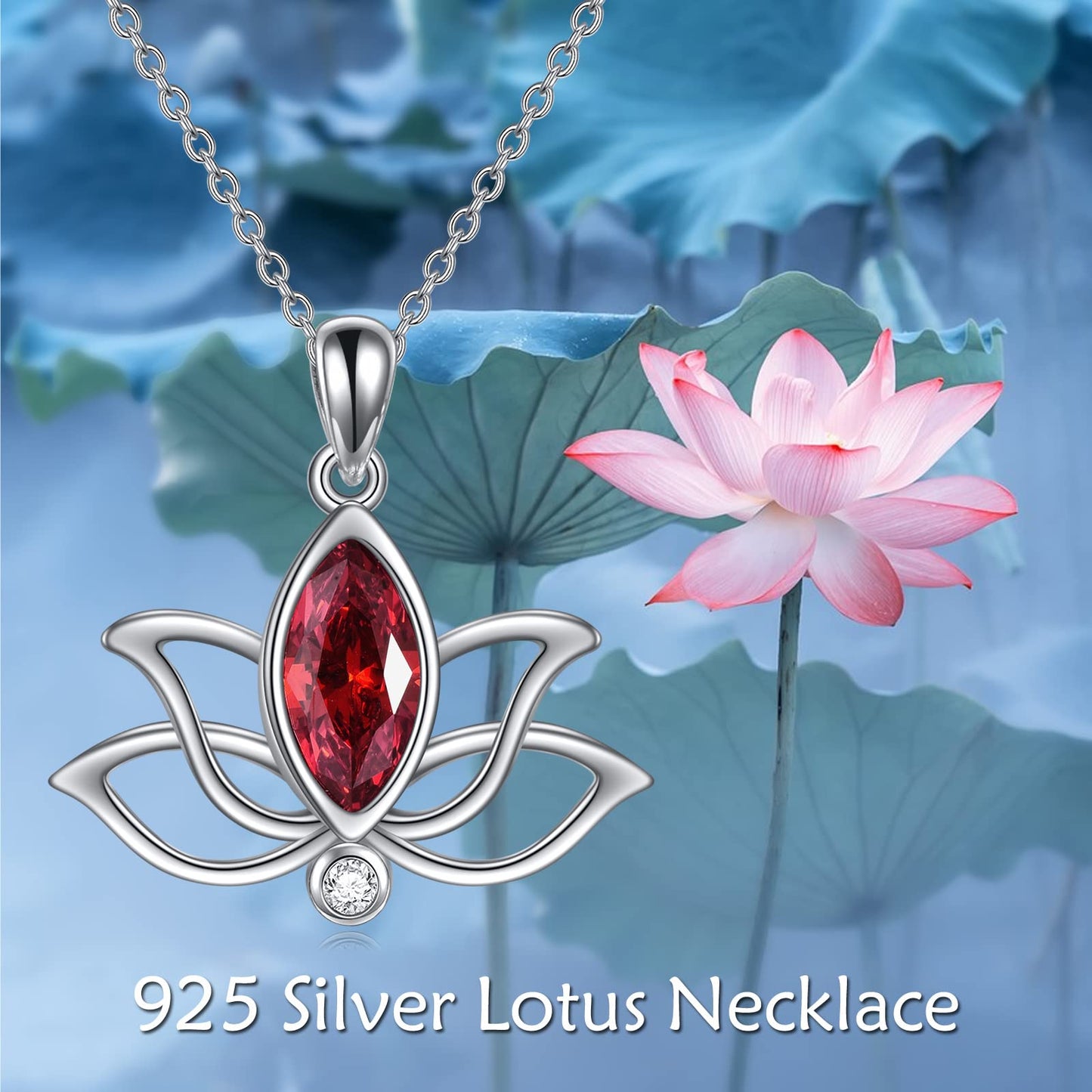 YFN Lotus Necklace Sterling Silver January Birthstone Pendant Genuine Garnet Jewelry Gifts for Women (Jan)