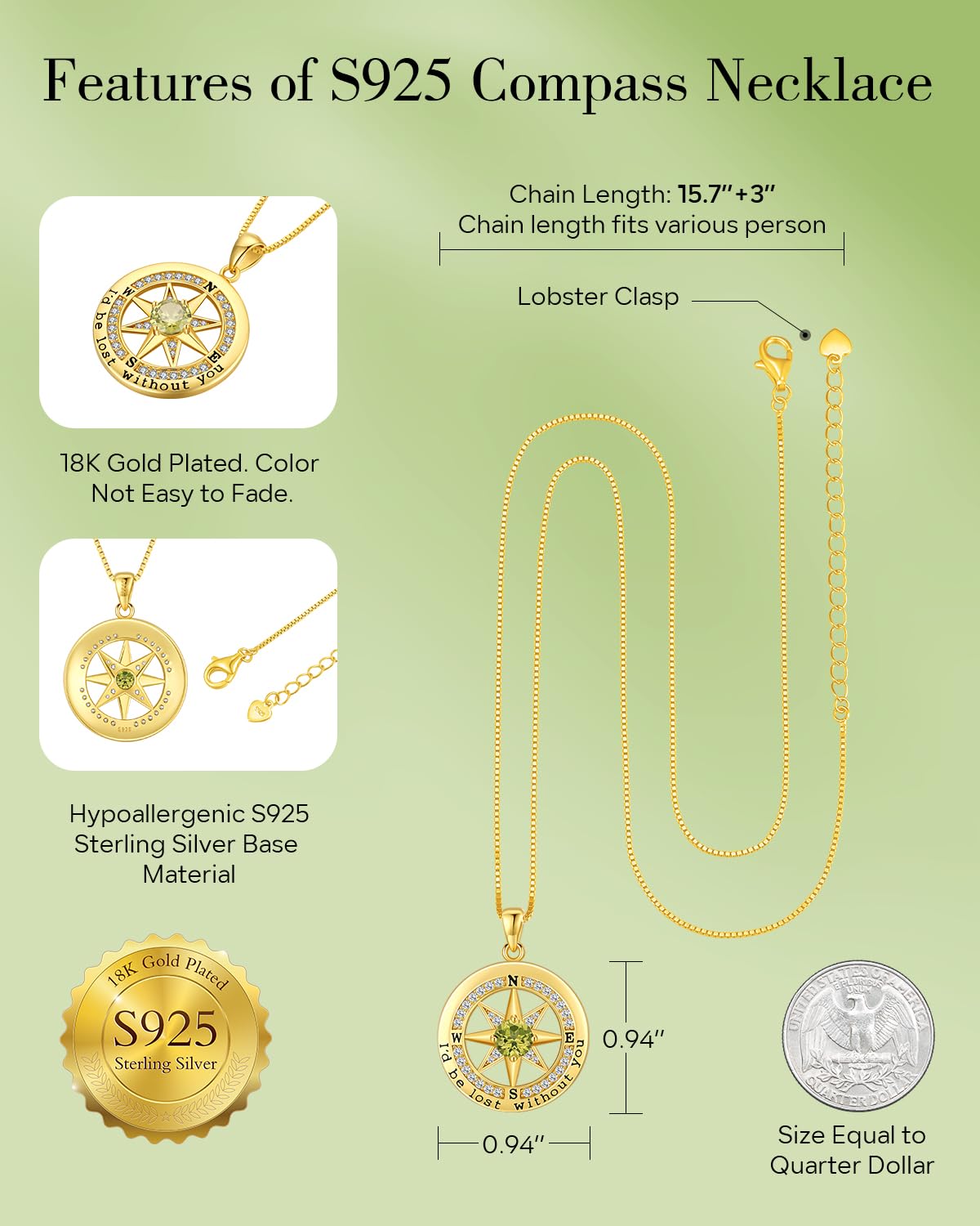 S925 Necklace Gift for Wife |Compass Jewelry |Women Anniversary |Sterling Silver |Girlfriend Birthday Necklaces for Her Valentines |I'd be Lost without You |Jewel 18K Gold Aug 08