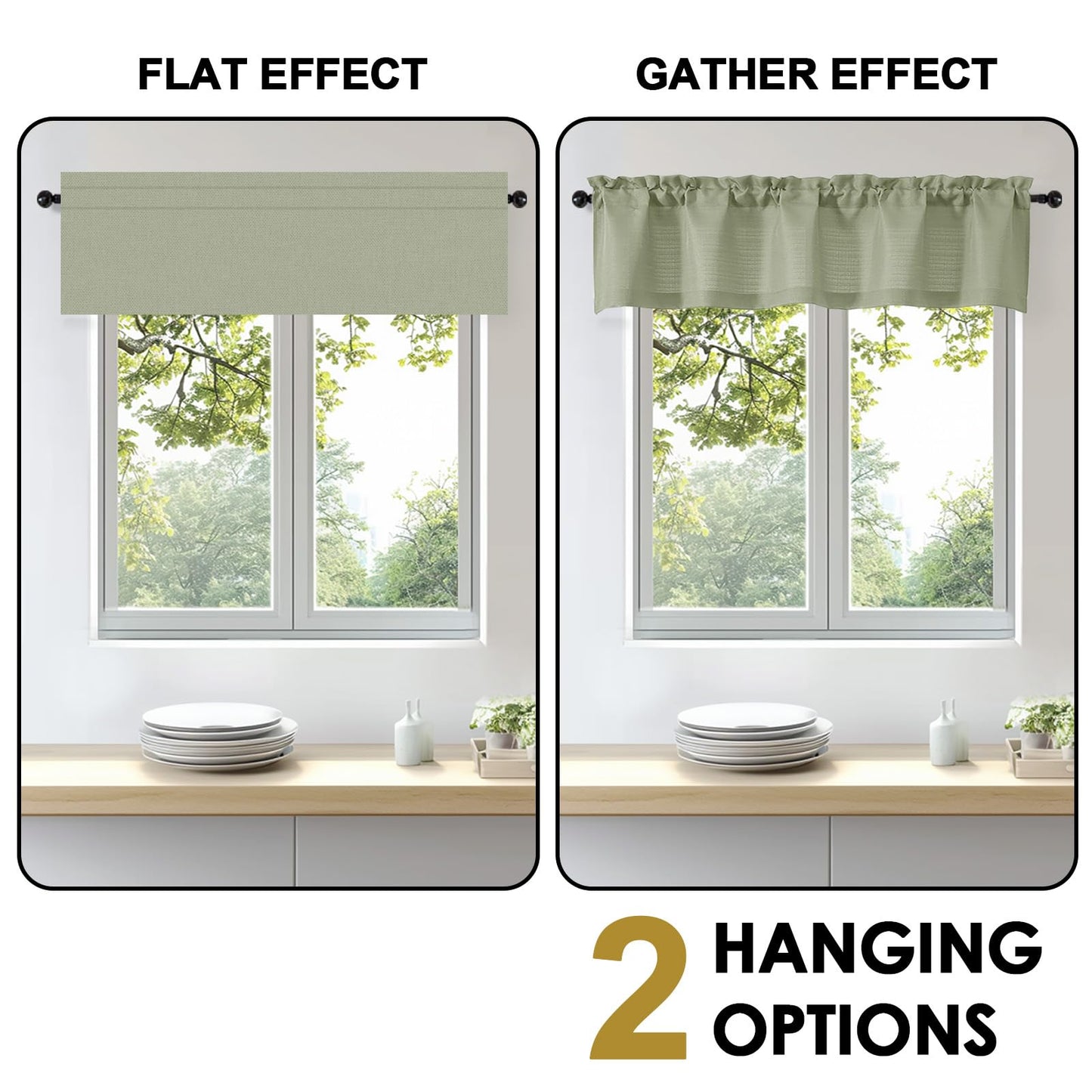 OWENIE Bob 1 PCS Light Green Valances for Windows, Faux Linen Textured Kitchen Window Curtains Valance for Bedroom Living Room, Modern Soft Airy Solid Rod Pocket Bathroom Cafe Curtain, 60Wx14L Inch