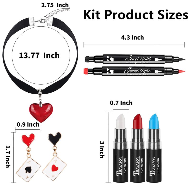 Go Ho Red White and Blue Multi-use Lip Face Paint Stick,2PC Red&Black Hearts Eyeliner Stamp,Heart-shaped Earrings and Necklace Kit,Queen Cosplay Halloween Costumes Party Accessories for Women