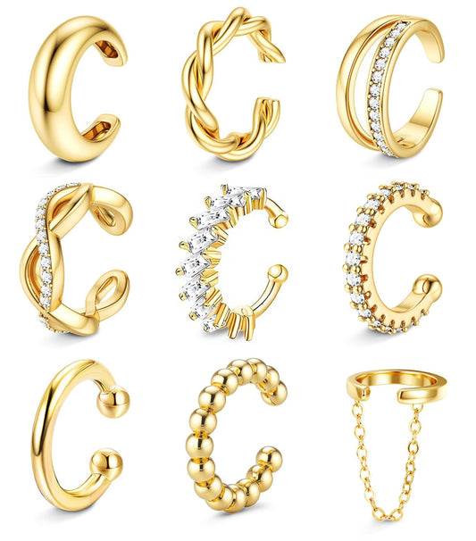 9PCS Ear Cuff Earrings for Women Non Piercing 14K Gold Plated - Hypoallergenic Adjustable Ear Cuffs Trendy Non Tarnish Clip on Cartilage Fake Earring Stacks Wrap Jewelry