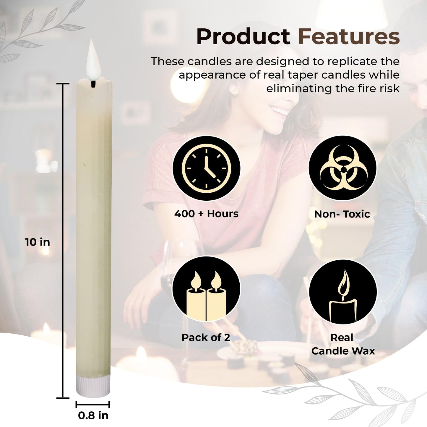 comforder Flameless Taper Candles – Flickering LED Flame with 6H Timer – Real Wax, Ribbed Design – Battery Operated Set of 2 – 10" Tall (Cream)"