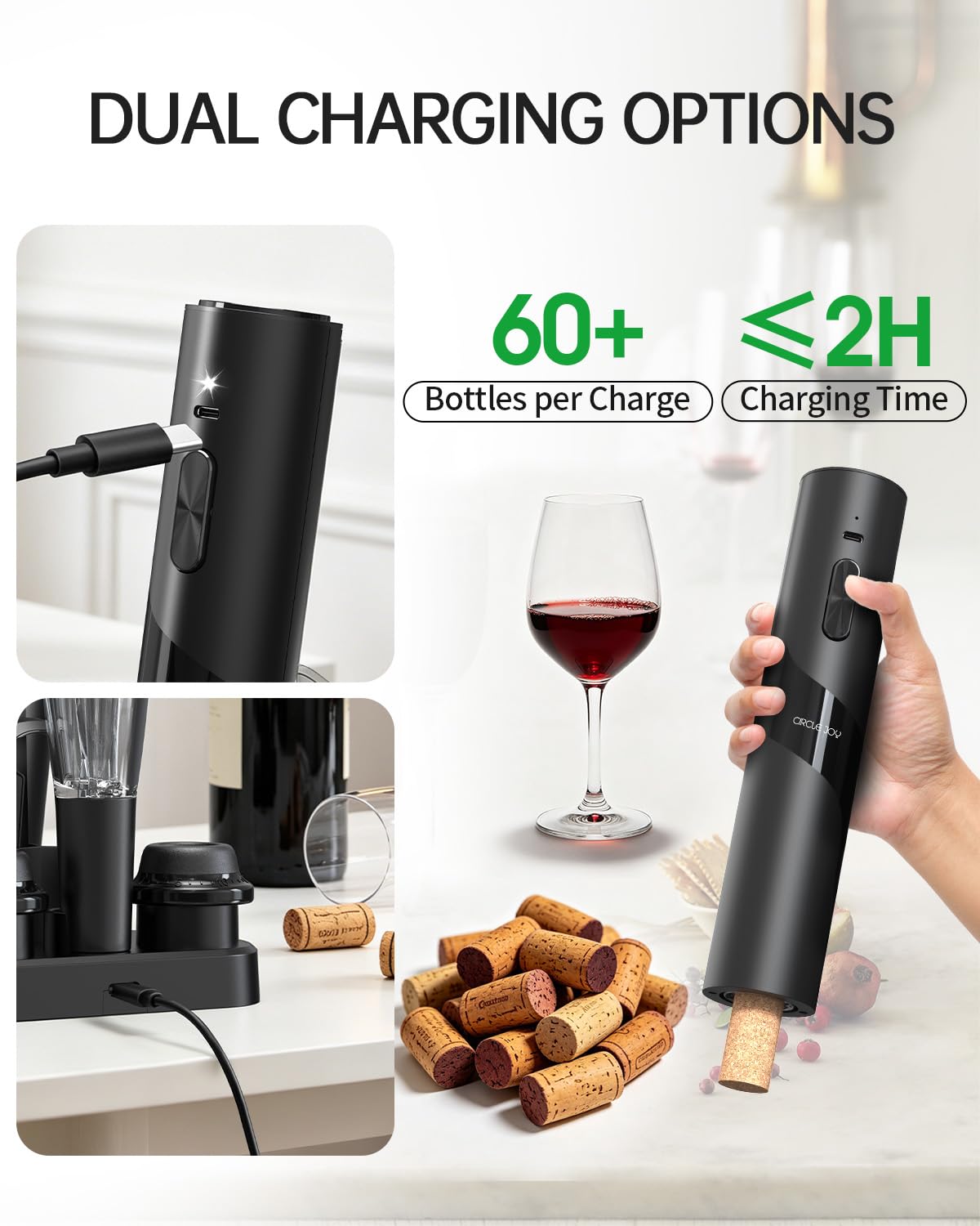CIRCLE JOY Rechargeable Wine Opener Electric Wine Bottle Opener 7-in-1 Wine Gift Set with Electric Vacuum Pump, Charging Station, Foil Cutter, Wine Aerator Pourer and 2 Wine Stoppers