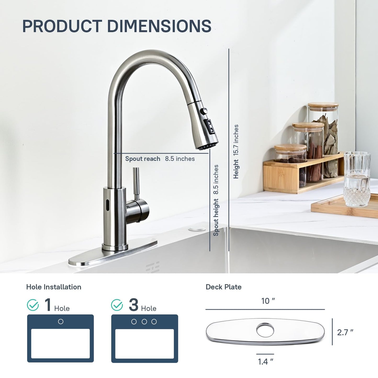 Arofa Touchless Bathroom Faucets, Kitchen Faucet with Pull Down Sprayer, Single Handle Smart Motion Sensor Kitchen Sink Faucet, Stainless Steel Faucet for Kitchen Sink, Brushed Nickel
