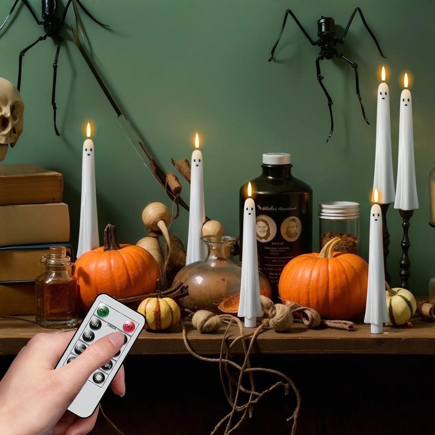 DRomance Flickering Flameless Taper Candles with Remote and Timer, 2 Pack Battery Operated LED Taper Candles 3D Wick Plastic Dripping Effect Dinner Halloween Indoor Decor(Orange, 0.78" D x 9.65"" H)"