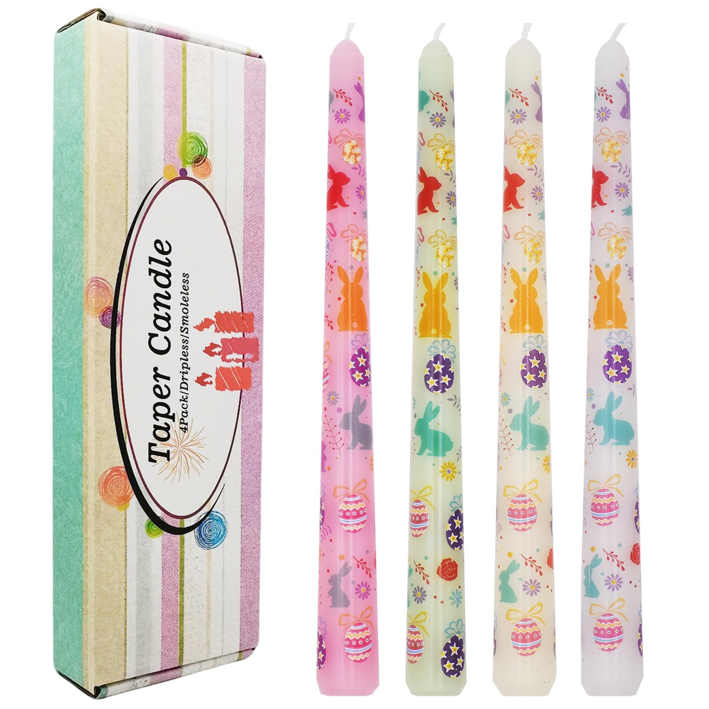 FYBW 4 Pack Easter Printed Taper Candles, 10" Long Decorative Candles with Spring Bunny & Egg Design Decorative Candles for Easter Table & Home Decor"
