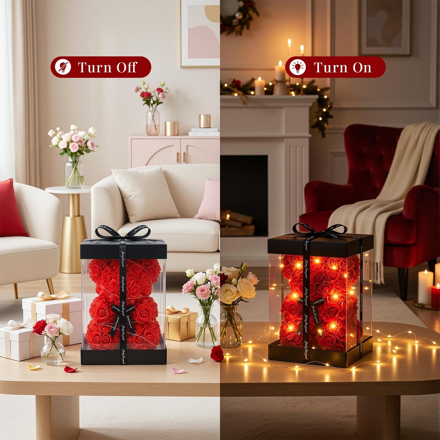 Otlonpe Bear Rose Flowers Light Up, Mothers Day Bear Gifts for Mom, Women Gifts Home Decorations for Christmas Valentines Mothers Day Birthday, for Her Mom Wife Girlfriend Daughter (Red)
