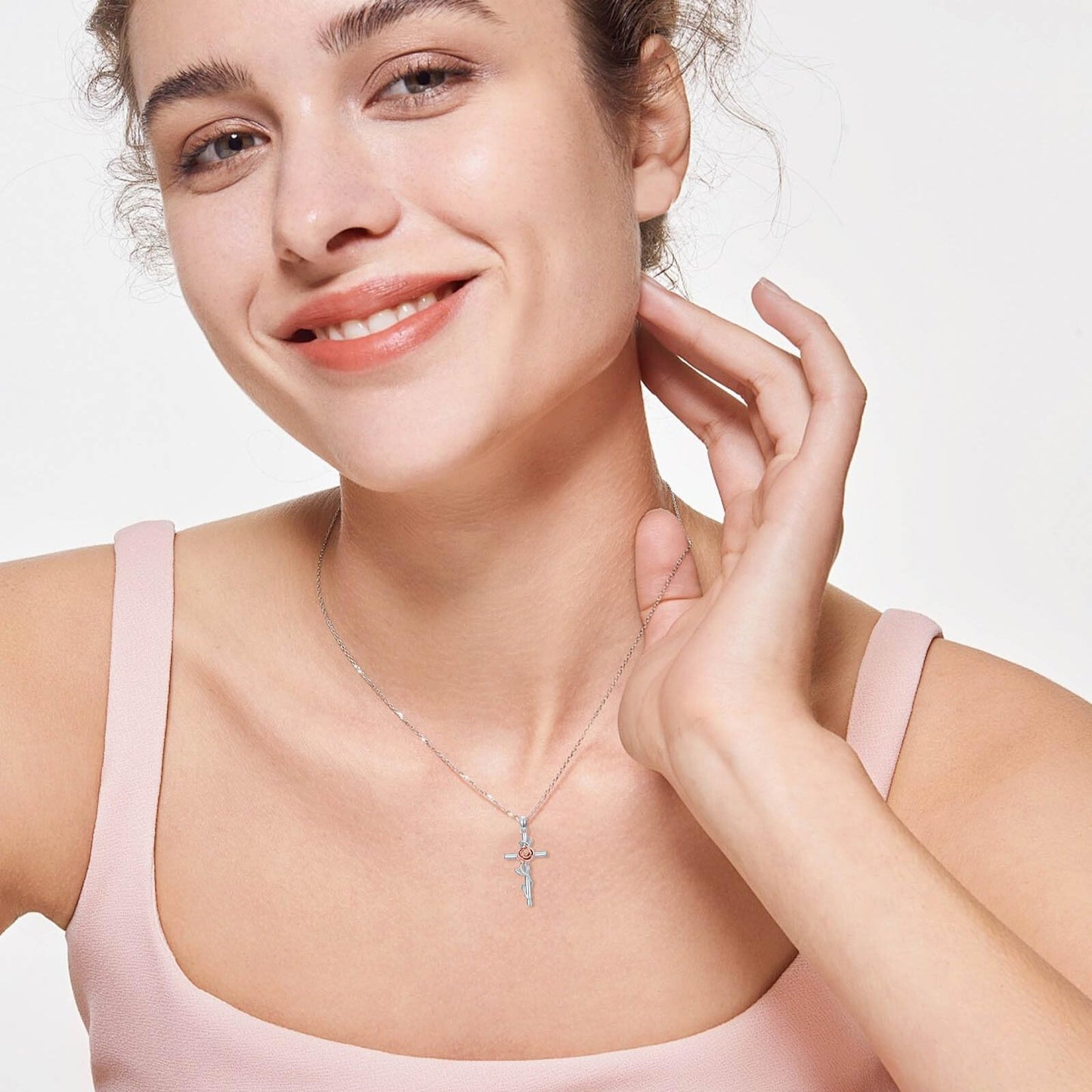 YYB Rose Cross Necklace for Women 925 Sterling Silver Rose Jewelry Dainty Silver Cross Necklace Christian Religious Gifts for Women Mothers Day Gifts