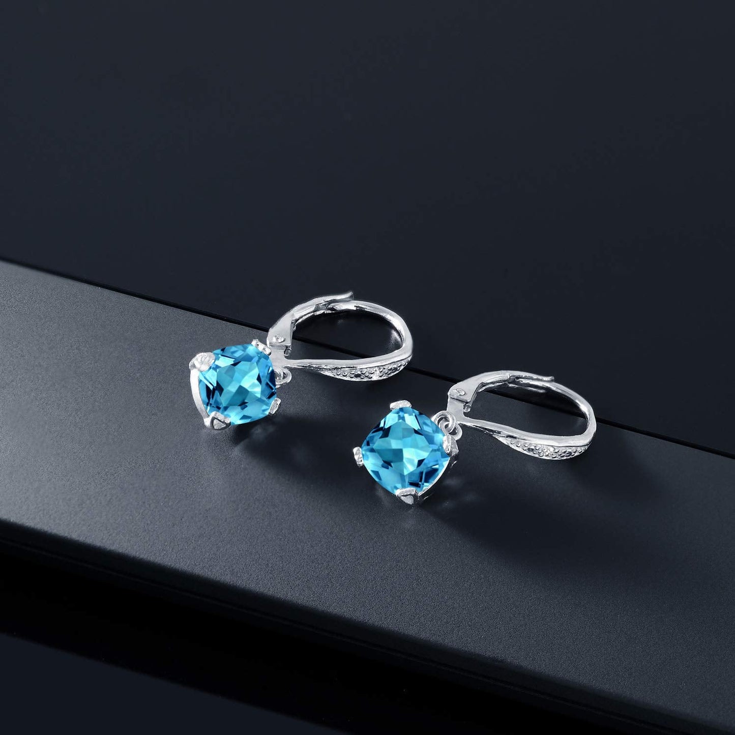 Gem Stone King Drop Dangle Earrings For Women | 7MM Cushion Cut Gemstone Birthstone and Diamond | 925 Sterling Silver | Jewelry Gift for Mom Wife Her | Swiss Blue Topaz-November | Sterling Silver
