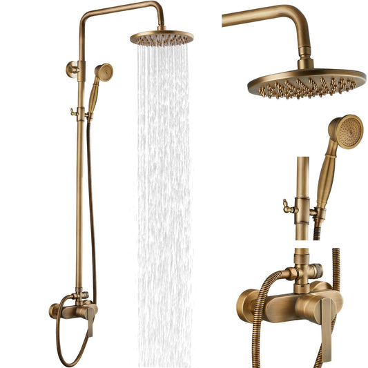 Airuida Exposed Shower System, 8 Inch Rainfall Shower Head with Handheld Spray, Single Handle Wall Mount Shower Faucet Set, Solid Brass Dual Function Exposed Pipe Fixture for Bathroom,Antique Brass
