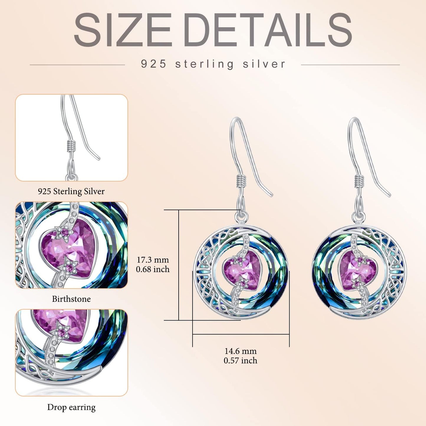 TOUPOP Pink Tourmaline Earrings October Birthstone Earrings Sterling Silver Moon and Star Drop Dangle Earring Jewelry Blue Crystal Birthday Mothers Day Gifts for Women Mom Her