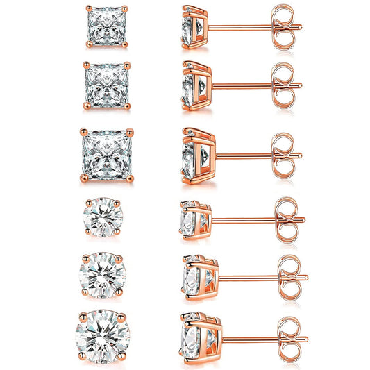 18K Rose Gold Plated Round Princess Cut Clear Cubic Zirconia Stud Earring of 6 Pairs (6 Pairs)