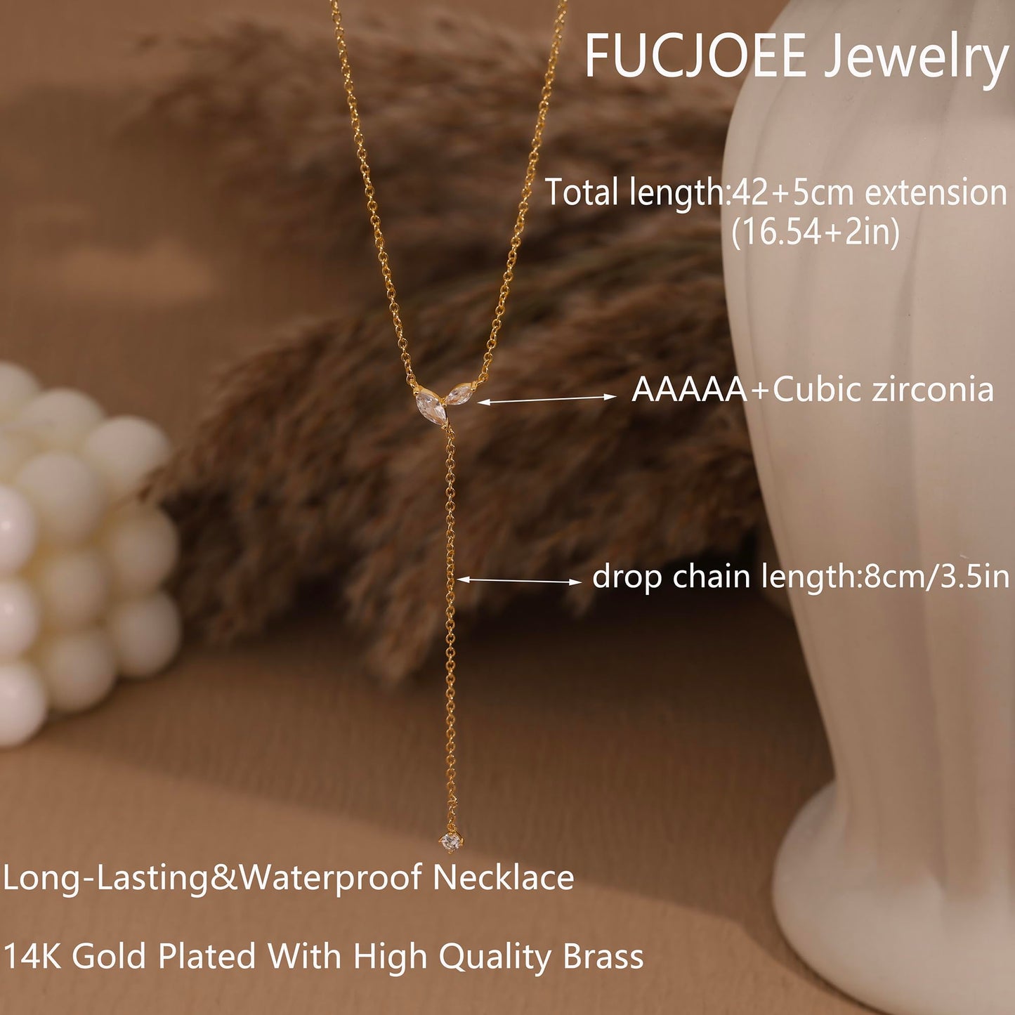 FUCJOEE Long Gold Necklaces for Women - Dainty Lariat Necklace 14K Gold Plated CZ Y Tear Drop Necklaces for Women Trendy Simple Summer Long Gold Necklace Beach Gold Jewelry Gifts