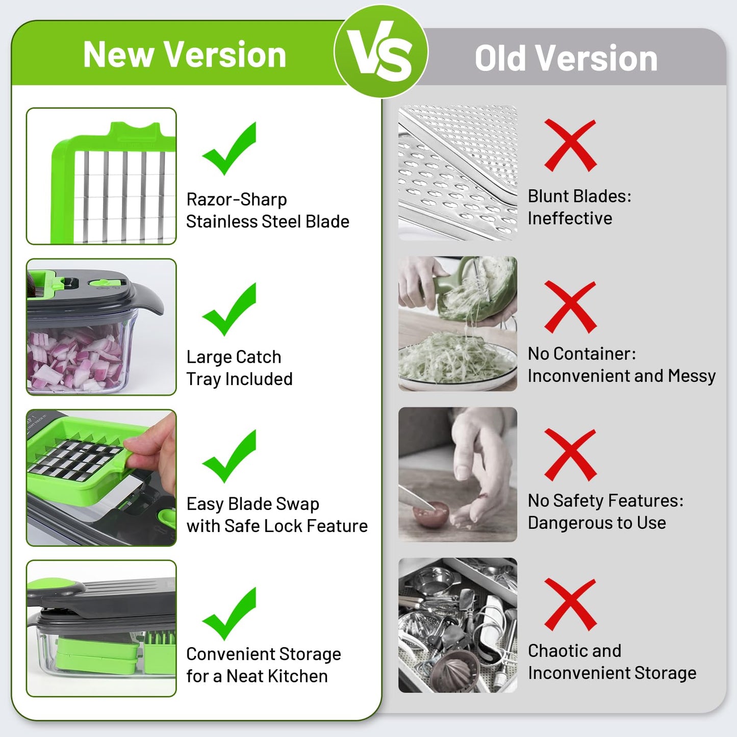 AISHUJIE Veggie Chopper 13 in1 Onion Chopper ·Vegetable Chopper with Container · Salad Chopper · Potato cutter – Gift for Home Cooks & Home Essentials (Grey & Green)