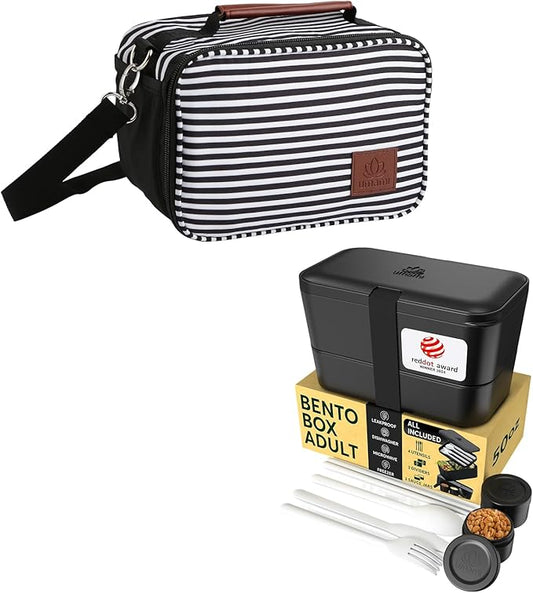 Umami Adult Bento Box Lunch Set Bundle â 50 oz Leakproof Stackable Bento Box with Utensils, Dividers & Sauce Jar + Insulated Lunch Bag, Microwave & Dishwasher Safe