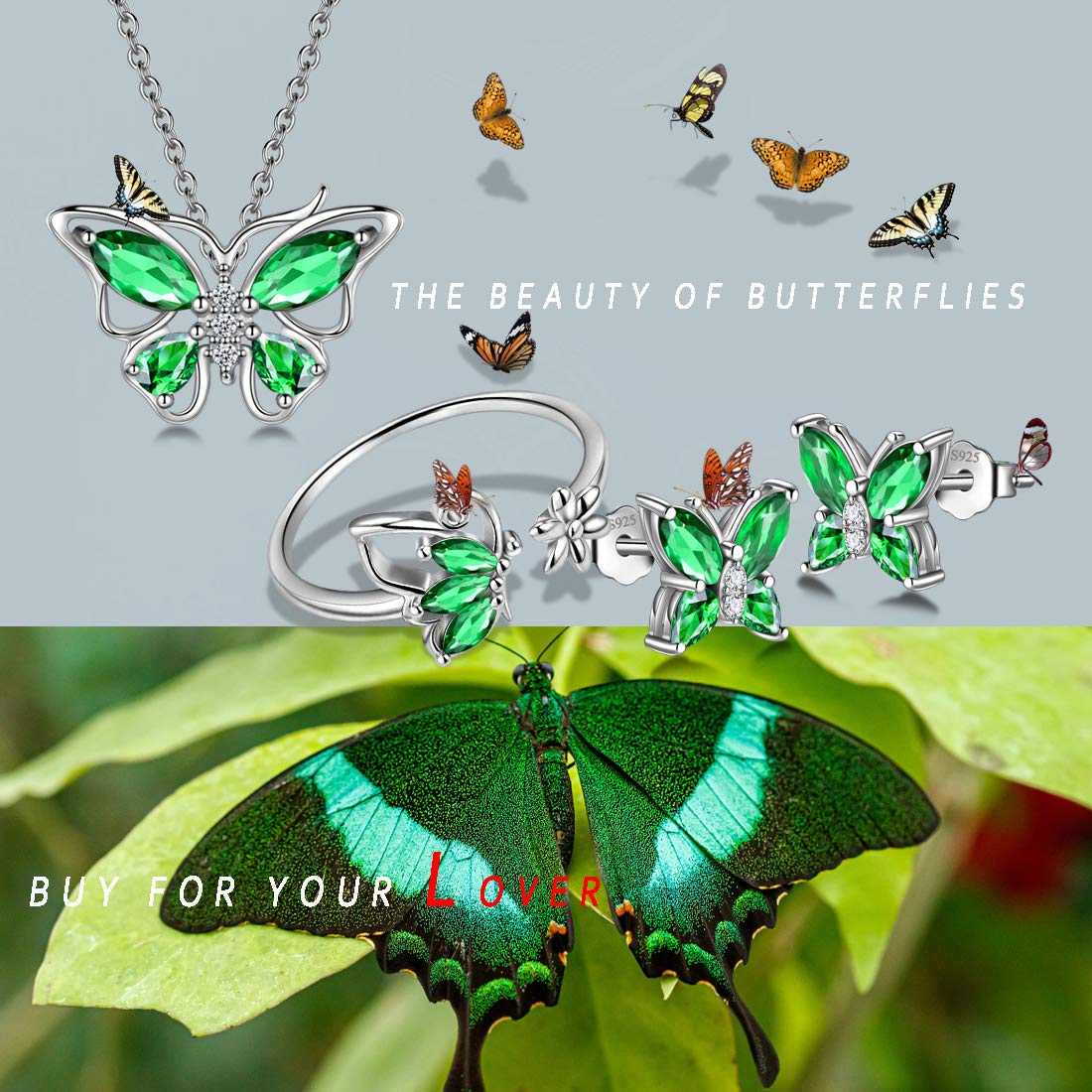 Hipunk Butterfly Green Jewelry Sets Birthstone Women 925 Sterling Silver May-Emerald Birth Stone Animal Butterflies Jewelry Sets/Earring/Ring Set Crystal Birthday Jewelry SS0002G