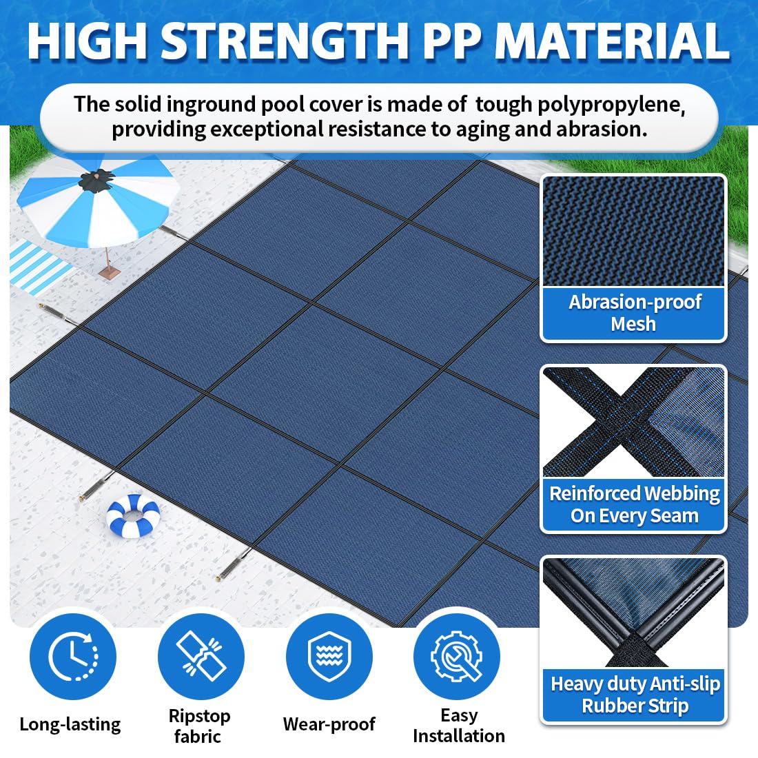 iCOVER Inground Pool Safety Cover, 20x40ft Rectangle Winter Safety Pool Cover for Inground Swimming Pools, Winter Pool Cover, Pool Covers for Inground Pools, Triple Stitched for High Strength, Blue