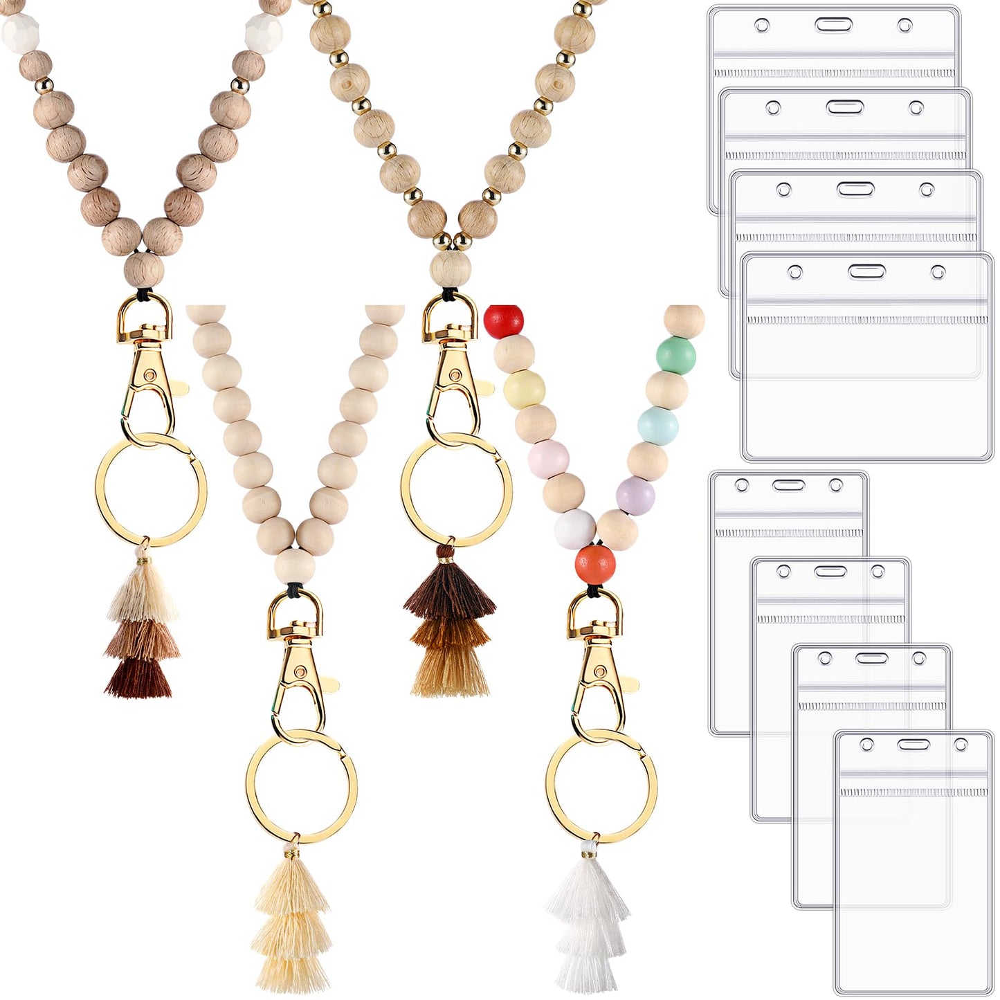 Sintuff 12 Pieces Wood Beaded Lanyard Card Holder Set, Including 4 Wooden Bead Neck Bohemian Lanyards with Tassel and 8 Clear Waterproof ID Card Holder, Nurses Employees Teacher Appreciation Gifts