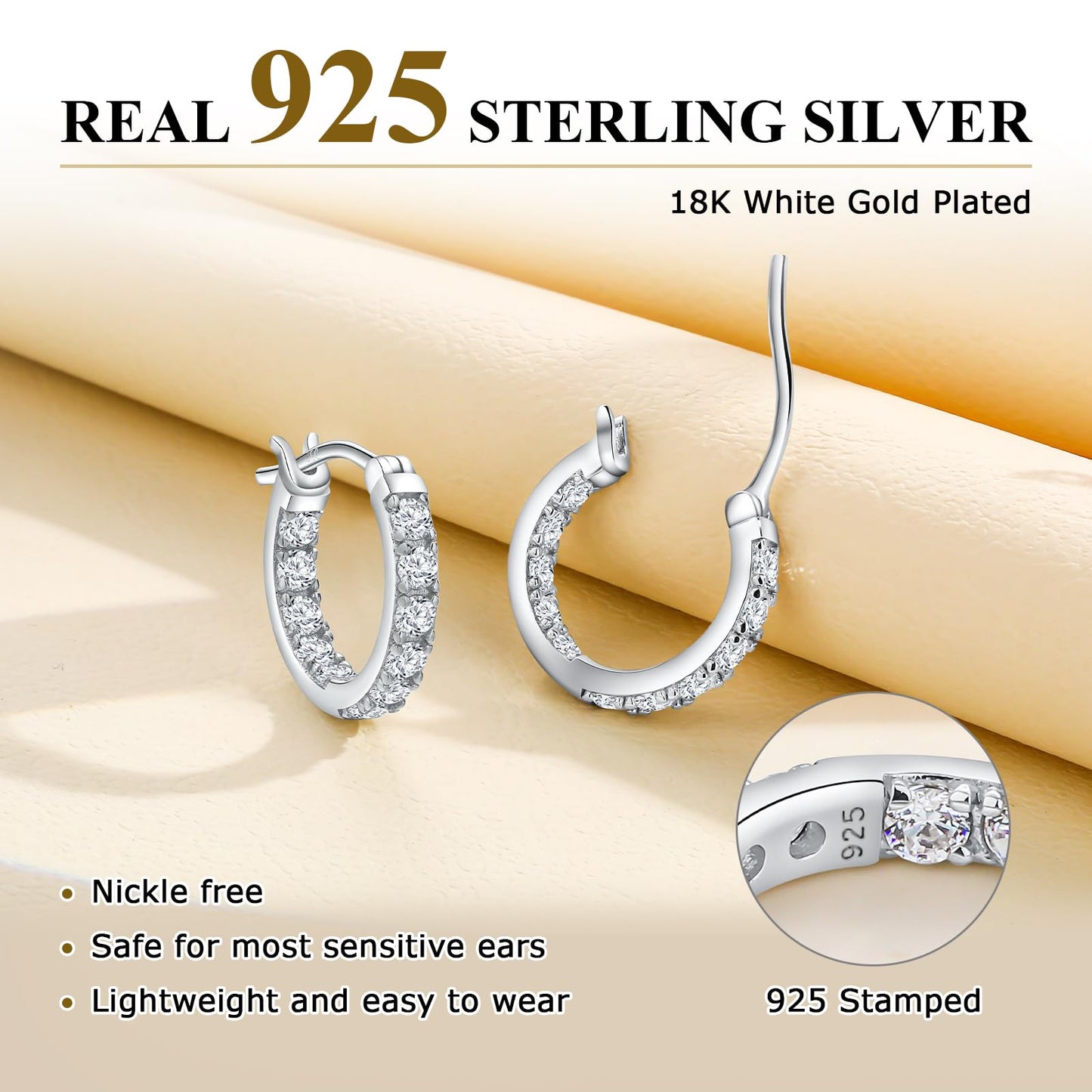 AGRULE 15mm Small Hoop Earrings with Cubic Zirconia Sterling Silver White Gold Plated Hypoallergenic Clip Top Hoops Created Diamond Hoop Earrings for Women