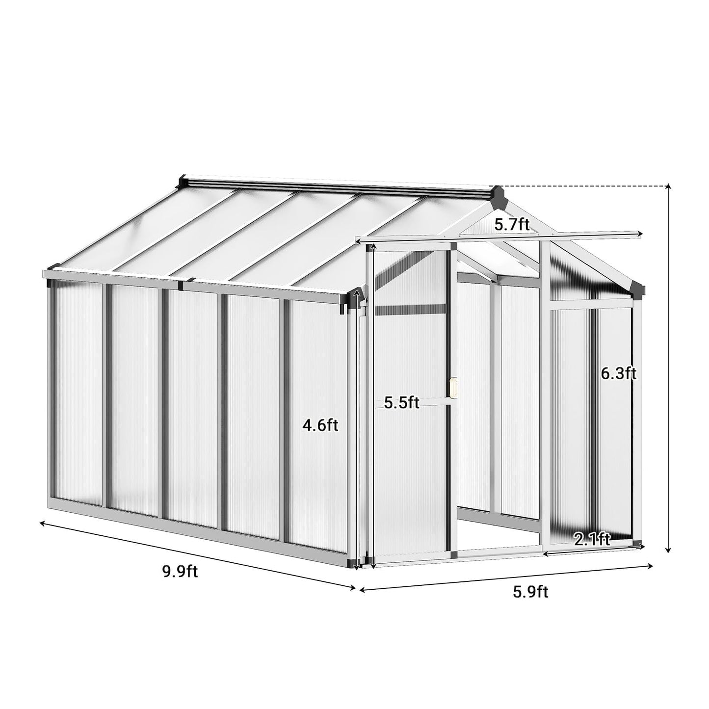 6x10 FT Greenhouse, Outdoor Sliding Door, Polycarbonate Greenhouse with Aluminum Frame, Lockable Door and Ajustable Roof Vent for Backyard, Outside Garden Backyard, Patio, Silver