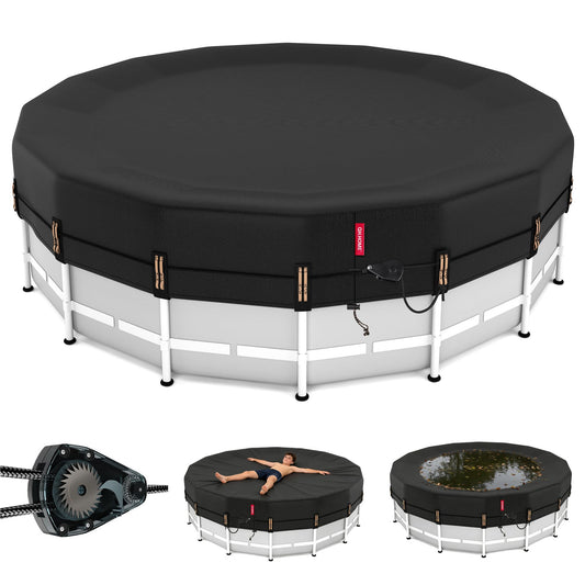 QH.HOME 18 ft Round Pool Cover,Solar Cover for Above Ground Pools - Black Oxford Fabric Heats Water, Blocks Leaves & Sun, Windproof Snug Fit with Patented Ratchet & Weight Rings