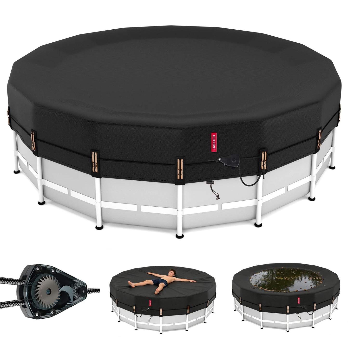 QH.HOME 15ft Round Pool Cover,[Ultimate Windproof & Tear-Resistant Fabric],Snug Fit with Patented Ratchet & Weight Rings,Solar Pool Cover for Above Ground Pools, Blocks Leaves &Waterproof