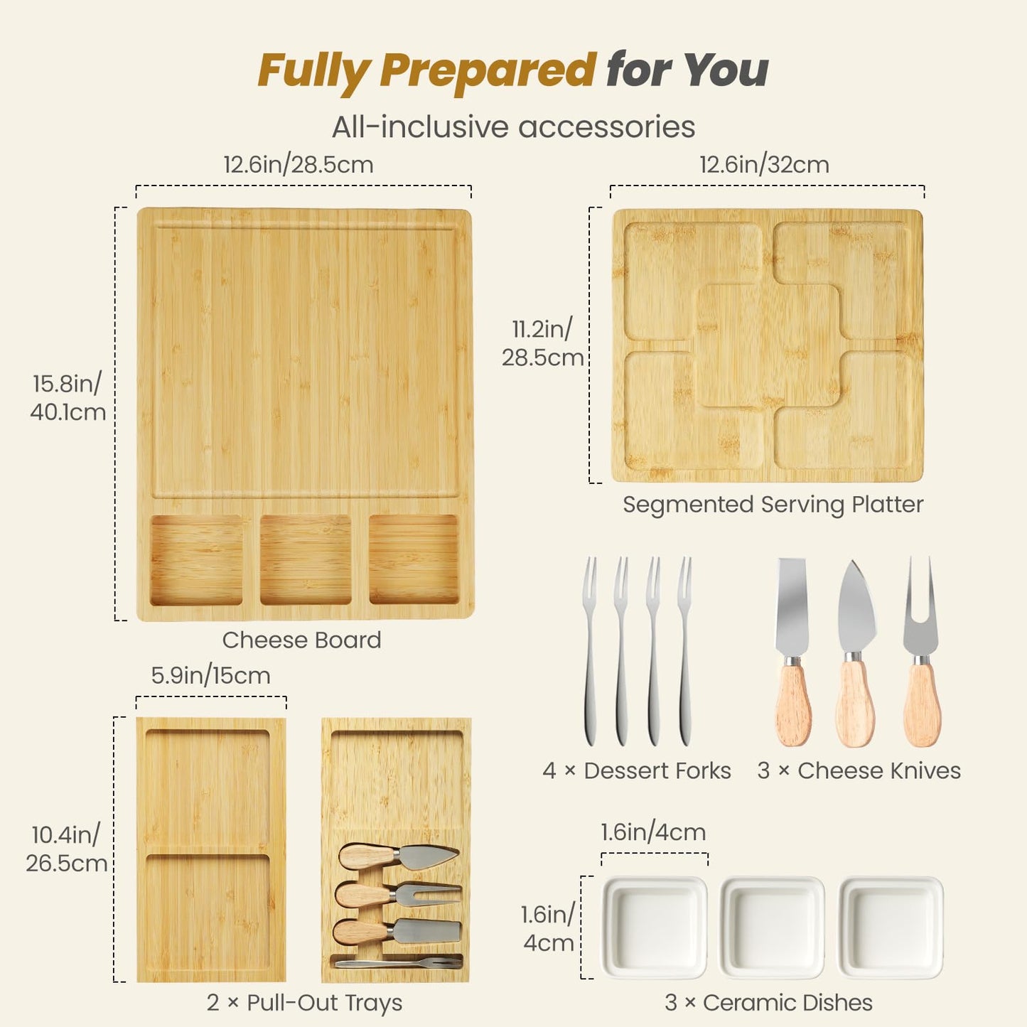 Large Charcuterie Board Set with Knife Set, 12.6" × 11.2" Square Fruit Tray, Bamboo Cheese Platter (Double-Drawer), Great for Group Gatherings, House Warming Gifts New Home, Birthday Gifts for Women
