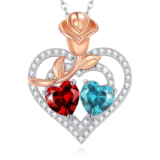 AGVANA January December Birthstone Jewelry Garnet Blue Topaz Necklace Sterling Silver Rose Flower Heart Double Birthstone Pendant Necklace Anniversary Birthday Gifts for Women Mom Wife Lady Her