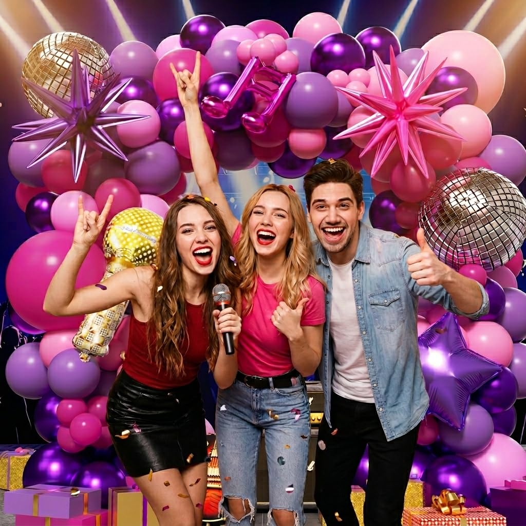 PTGOLUO K-Pop Music themed Birthday Decorations 160Pcs, Hot Pink Metallic Purple Balloon Garland Arch Kit with Disco Notes Star Foil Balloons for Girls Fans Birthday Grad Prom Princess Party Decor