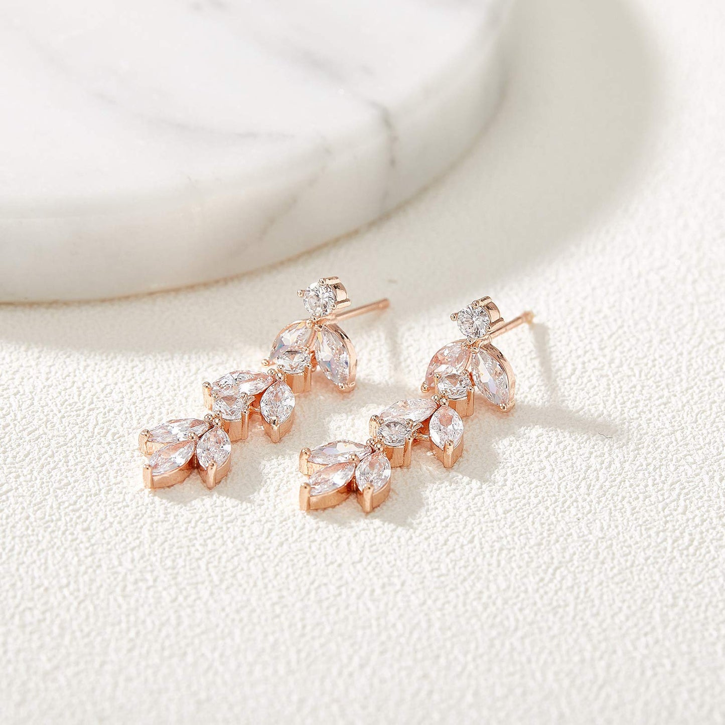 SWEETV Rose Gold Cubic Zirconia Wedding Earrings for Brides Bridesmaids, Elegant Marquise Bridal Dangling Earrings, Crystal Drop earrings for Women Jewelry Gifts
