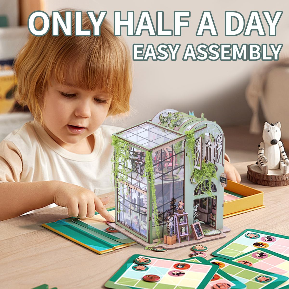 Miniature Flower House Kit - Bookshelf Decor 3D Wooden Puzzle, DIY Flower Dollhouse Booknook Making Kits with Furniture for Adults and Teenagers