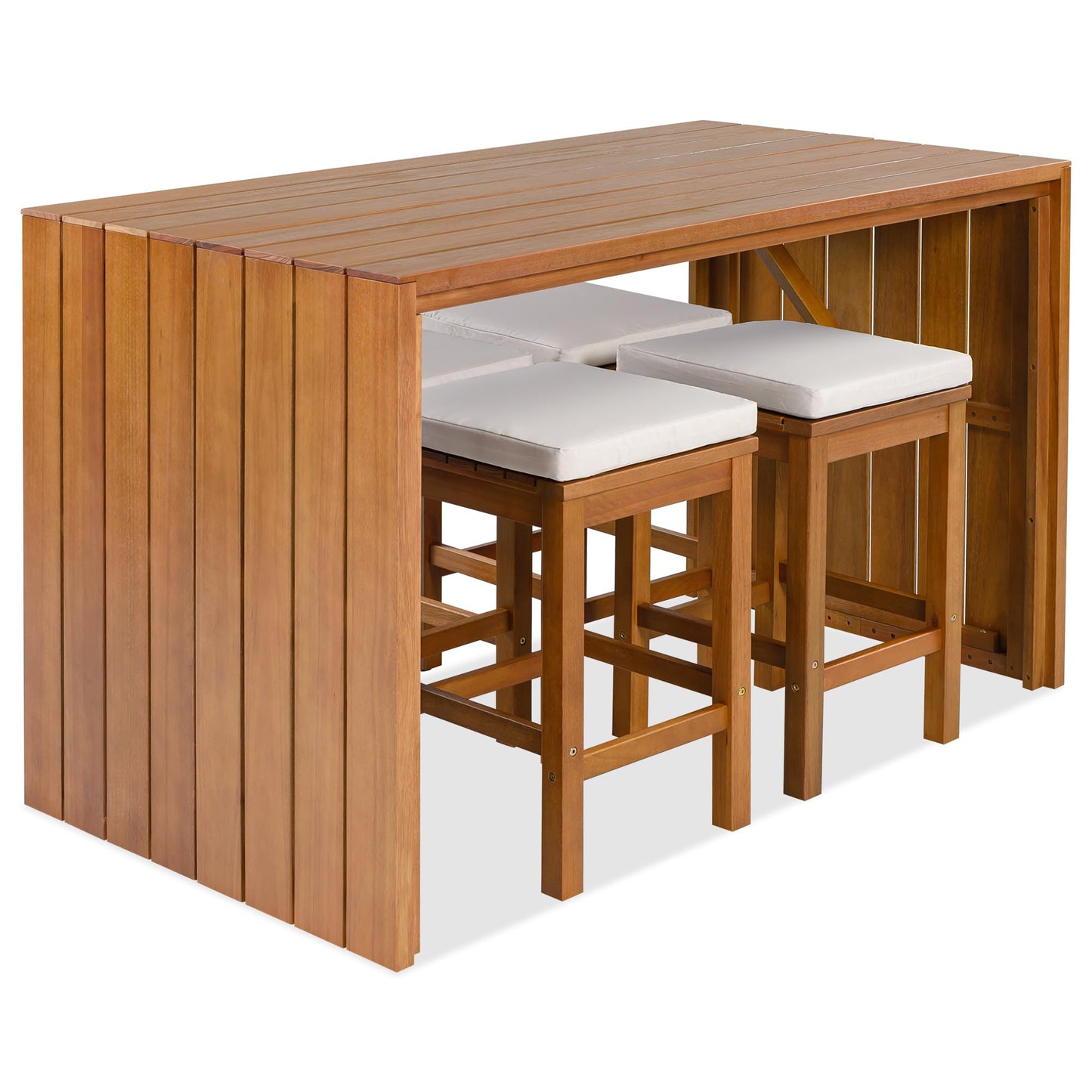 GDFStudio 5 Piece Outdoor Bar Table Set with 4 Stools, Patio Acacia Wood Bar Height Dining Furniture with Cushions, Natural Wood Counter Height Table & Chairs for Backyard, Balcony, Garden, Poolside
