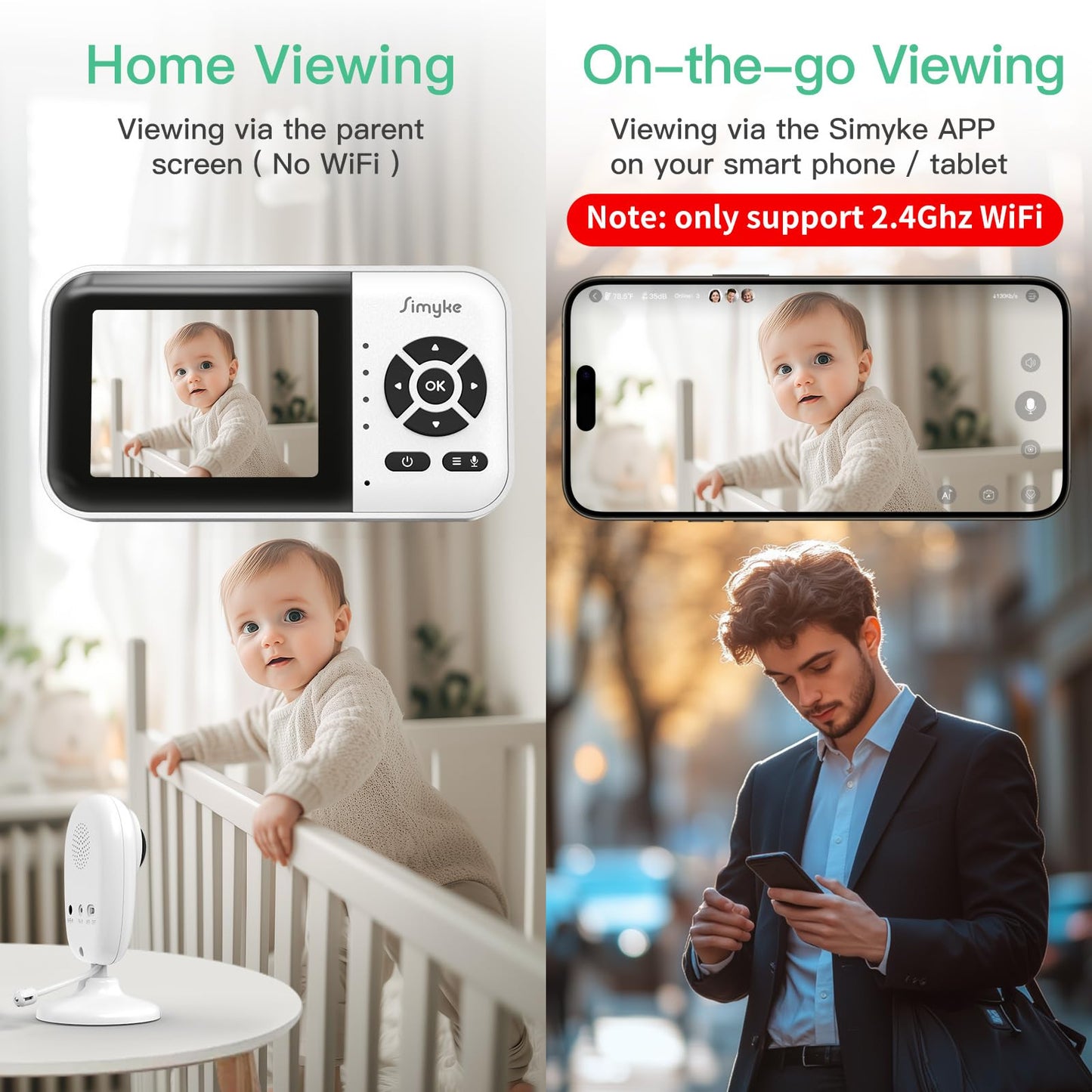 Simyke Smart Video Baby Monitor with Camera and Audio,Dual Mode,WiFi On/Off Switch,2.8inch Display,App,1080p Camera,1500ft Long Range,Night Vision,2-Way Talk,AI Baby Growth Album Function