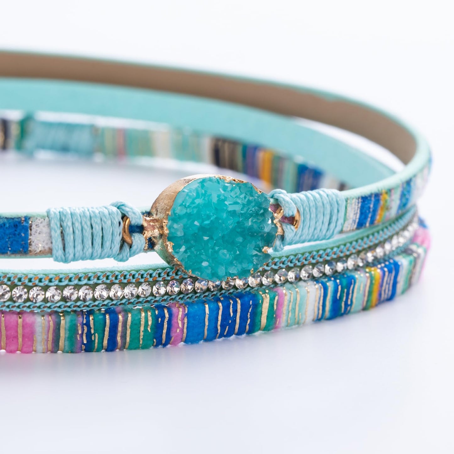 FANCY SHINY Boho Leather Wrap Bracelet Stackable Chunky Crystal Cuff Bracelets with Magnetic Clasp Cowboy Cowgirl Western Summer Beach Outfits Jewelry Gifts for Women (14.7", Boho Blue)