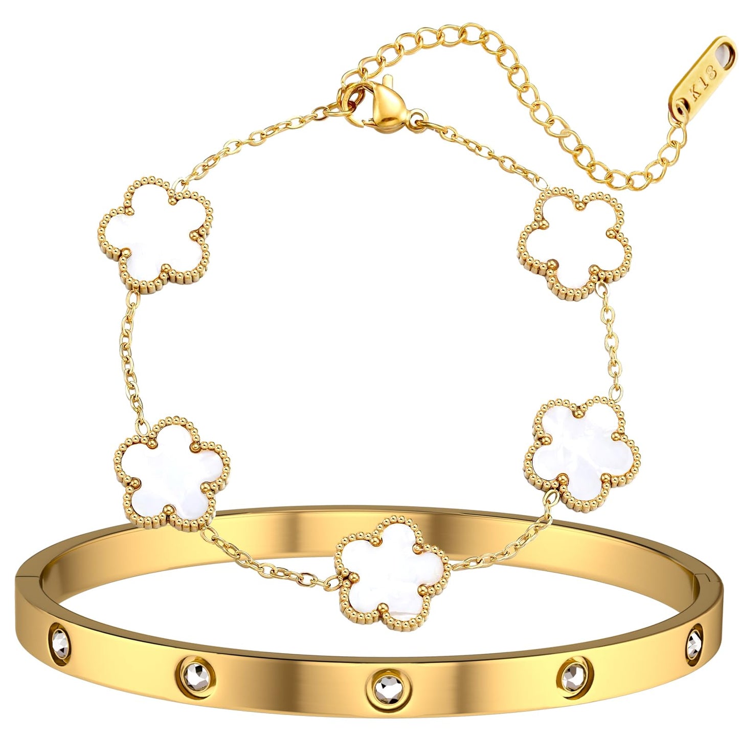 KARCCI 18K Gold Plated Lucky Clover Bracelet and Friendship Love Bangle Bracelets Set for Women Girlfriend Gold Cubic Zirconia Bracelet Set, Christmas Valentines Wedding Birthday Gifts