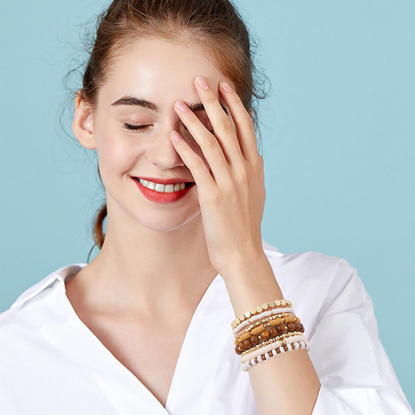 GOOJIDS Surfer Heishi Clay Bead Bracelets for Women Bohemian Stackable Gold Plated Beaded Stretch Bracelets Elastic Layering Friendship Brown Bracelets Set Boho Jewelry