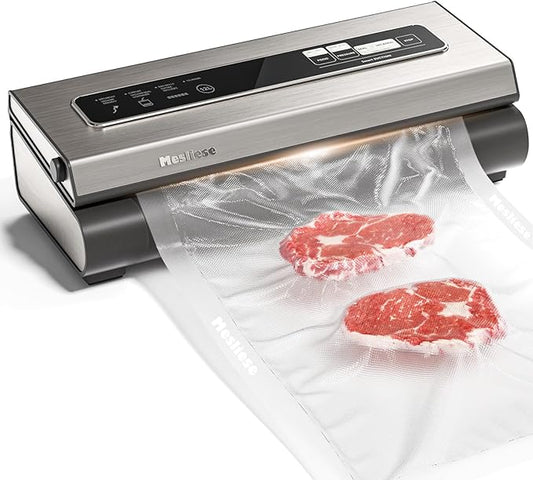 Mesliese Vacuum Sealer Machine Powerful 90Kpa Precision 6-in-1 Compact Food Preservation System with Cutter, 2 Bag Rolls & 5 Pre-cut Bags, Widened 12mm Sealing Strip, Dry&Moist Modes (Silver)