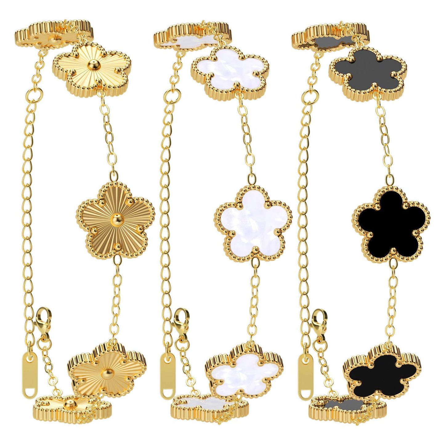 AICase 18K Gold Plated Clover Bracelet Dupes Gold/White/Black Bracelet Set for Women Flower Leaf Lucky Clover Bracelets Trendy Jewelry Birthday Gifts for Women/MoM/Friends