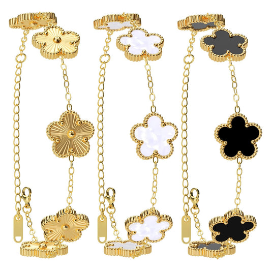AICase 18K Gold Plated Clover Bracelet Dupes Gold/White/Black Bracelet Set for Women Flower Leaf Lucky Clover Bracelets Trendy Jewelry Birthday Gifts for Women/MoM/Friends