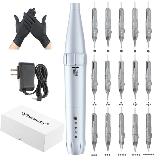 YBEAUTY Eyebrow Tattoo Wired Machine Kit - Corded Micropigmentation Eyeliner Pen with 15pcs Cartridges Needles for Brow Eyeliner Lip Microblading (Snow)