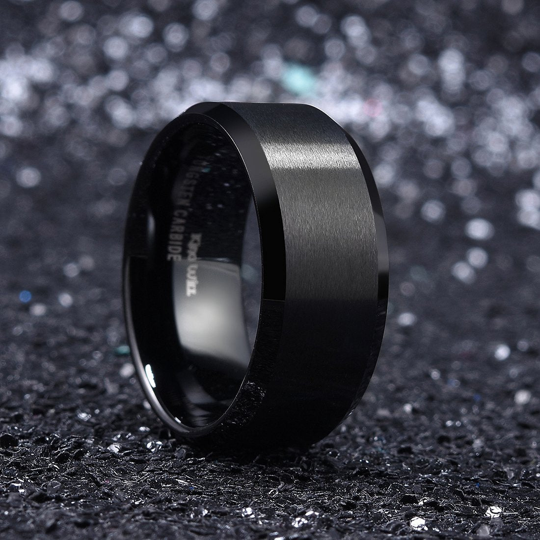 King Will 10mm Men's Black Wedding Ring - Brushed Matte Surface, Beveled Polished Edge, Comfort Fit Size 15