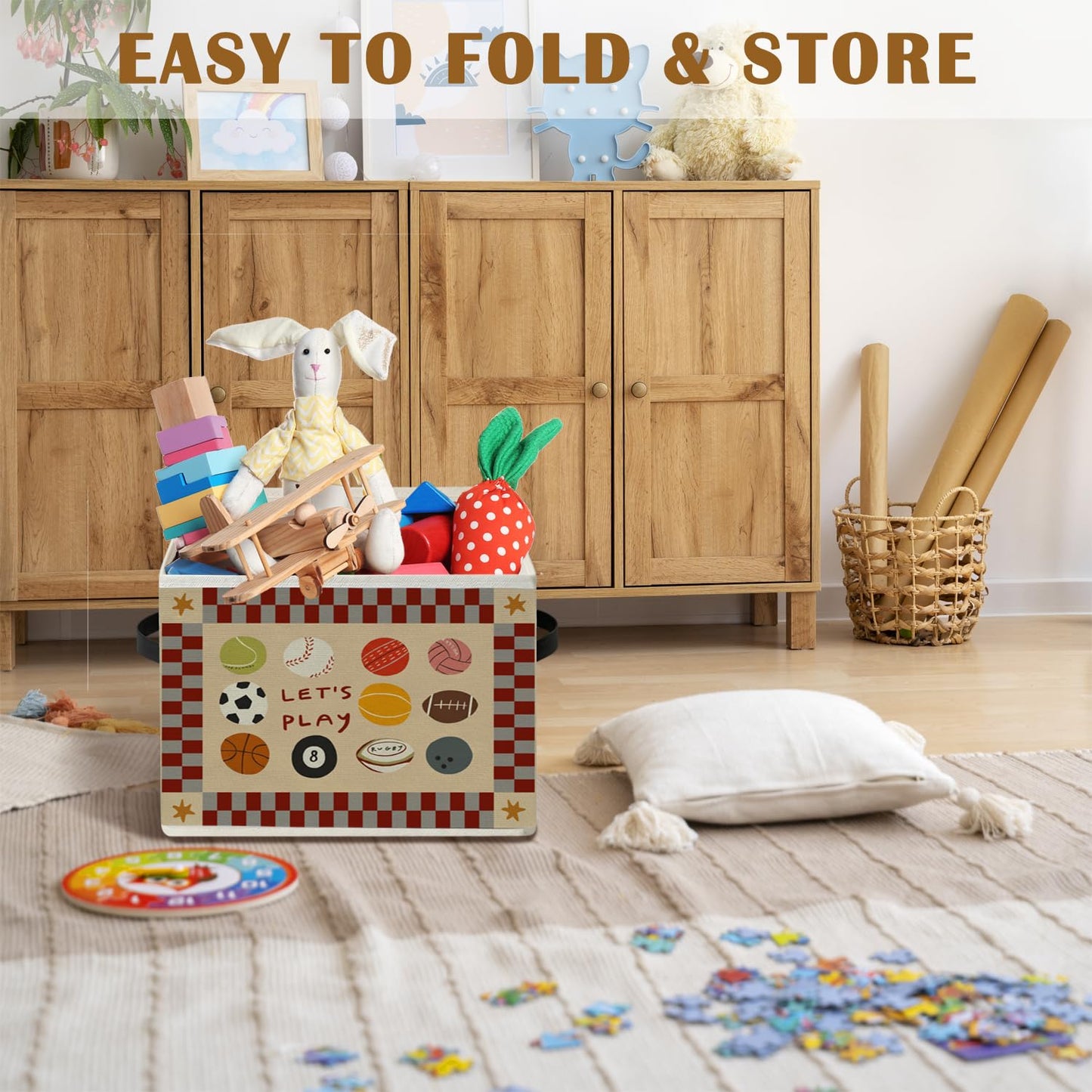 Dilemat Playroom Decor,Nursery Storage Bins Box,Let's Play Foldable Collapsible Storage Basket Organizer for Kids Boy Nursery Room Bedroom Playroom Toys Books Clothes