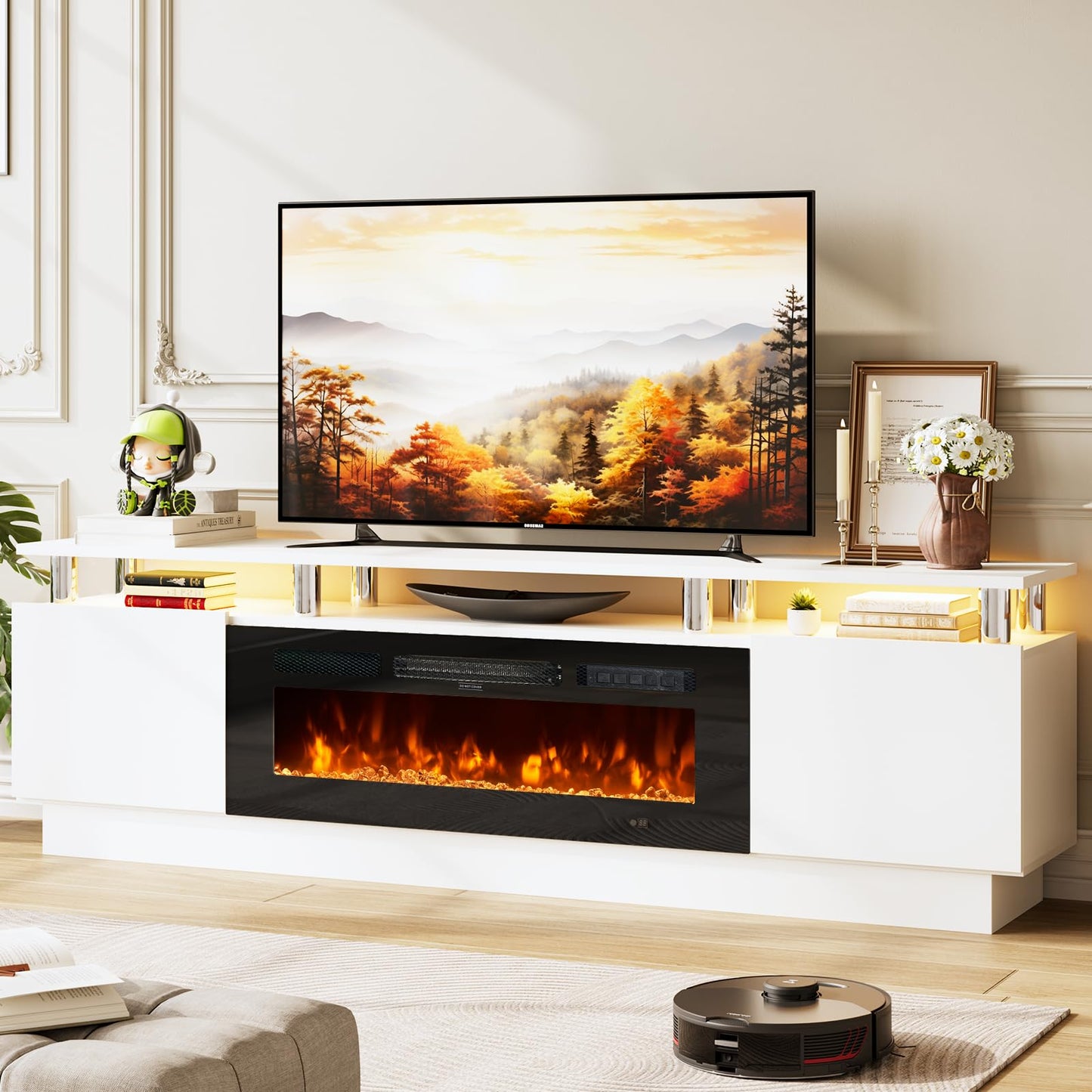 OneBlis 70" TV Stand & Entertainment Center, Media Console with Storage Shelves, Fits TVs up to 80", Modern Living Room Furniture, 36" Electric Fireplace (White+Black)