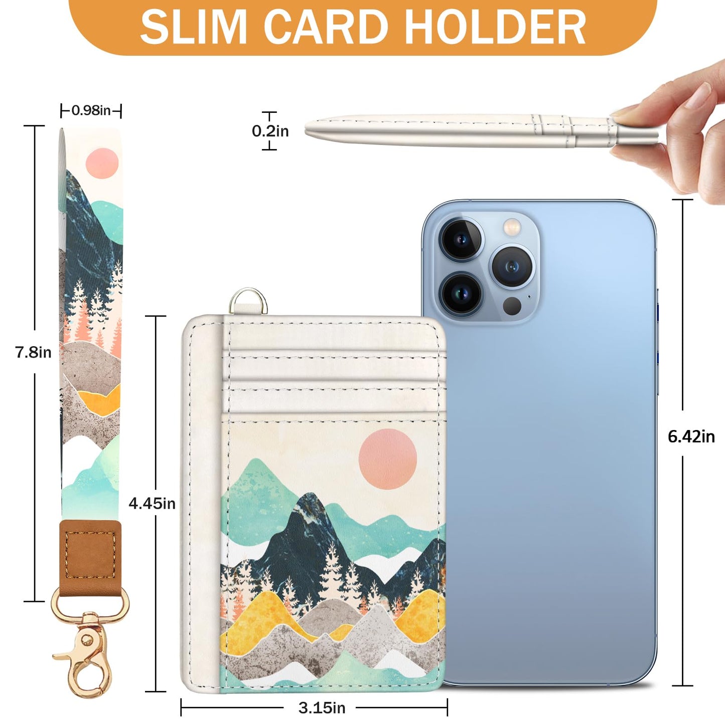 Yonlevres Sunrise Mountain Credit Card Holder Slim Wallet, RFID Wallet Women Front Pocket Wristlet Lanyard, Small Card Holder Travel Funny Cute Thin Card Case ID Window PU Leather Card Organizer Gifts