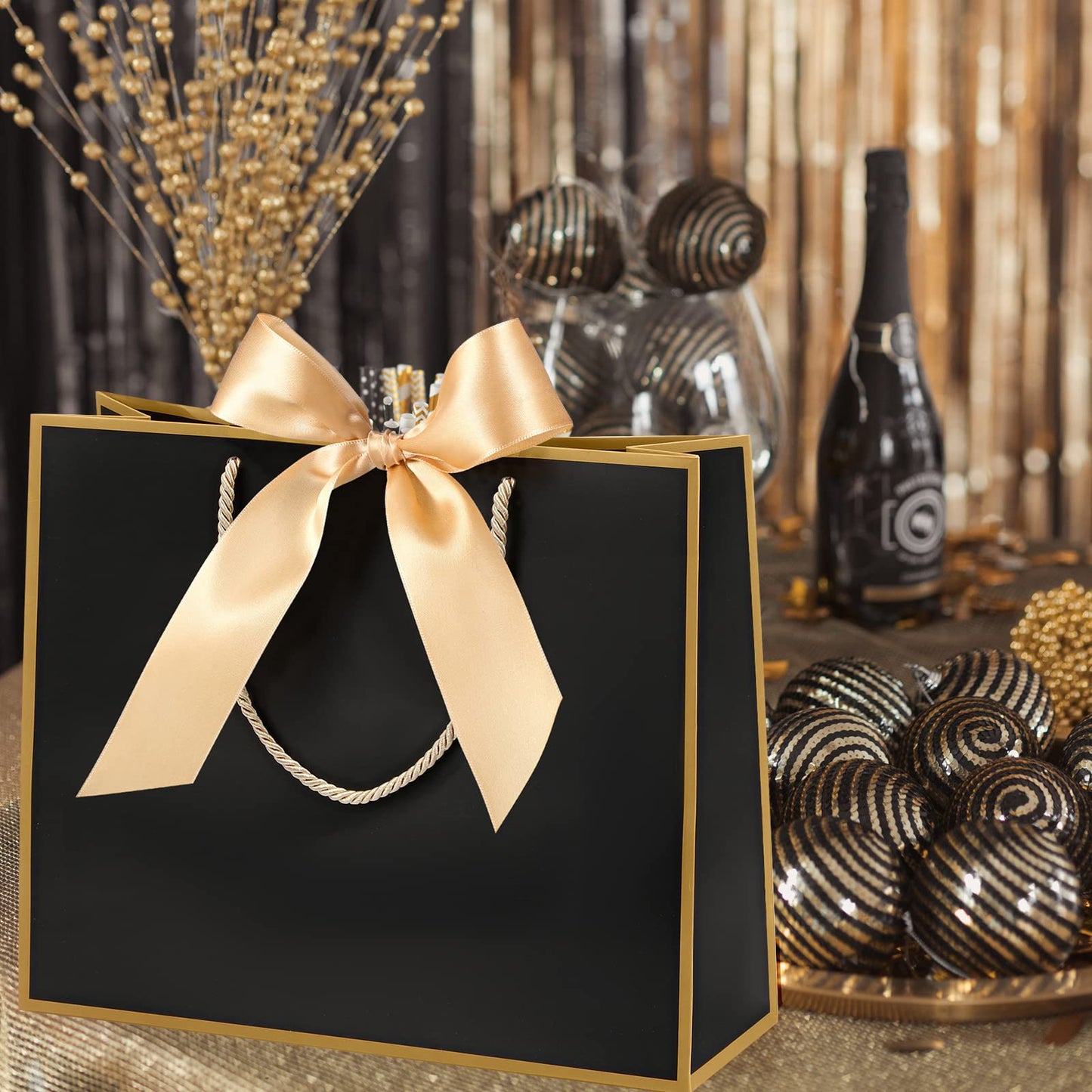 Silkfly 12 Pcs Thank You Gift Bags with Handle 12x10x4'' Welcome Elegant Gifts Bag with Bow Ribbon for Mother's Day Wedding Graduation Bridesmaid Baby Shower Birthday Housewarming (Black)
