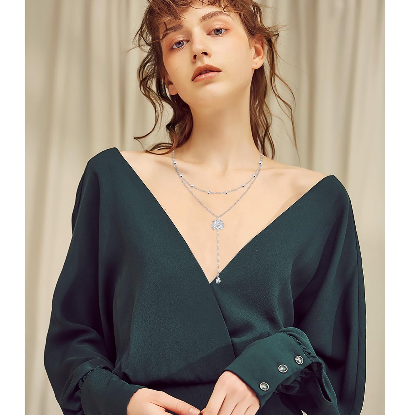 FLYOW Lotus Lariat Necklace for Women S925 Sterling Silver Yoga Flower Double Choker Y Layered Long Chain Necklace Birthday Valentine's Day Gifts for Yoga Lotus Lover Ladies Mother Wife