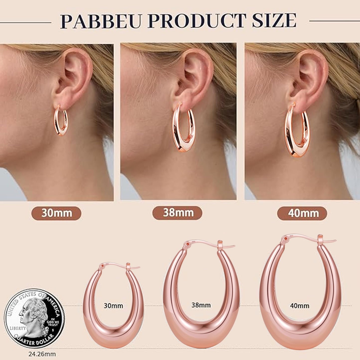 PABBEU Chunky Rose Gold Hoop Earrings for Women, Lightweight 14k Golden Plated Hoops Earrings, Hypoallergenic 925 Oval Rose Golds Hoops Earrings, Thick Gold Hoop Earrings for Women Gifts (40mm)
