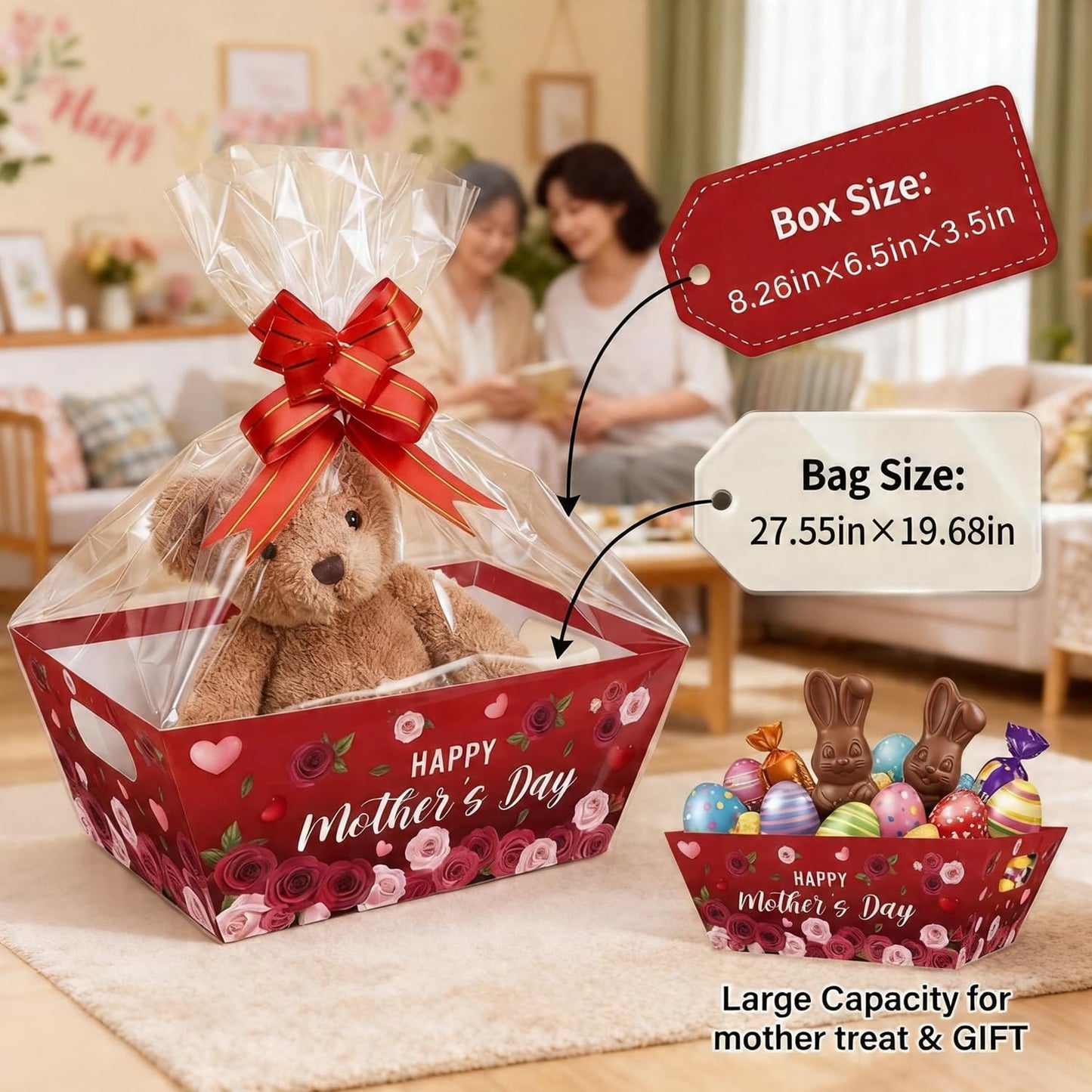 CMSSHUAI 12 Pcs Mothers Day Gift Baskets Empty to Fill Kit DIY Basket for Gifts Empty Bulk 12 Tray Favor 12 Clear Basket Bags 12 Bows for Mom Birthday Party