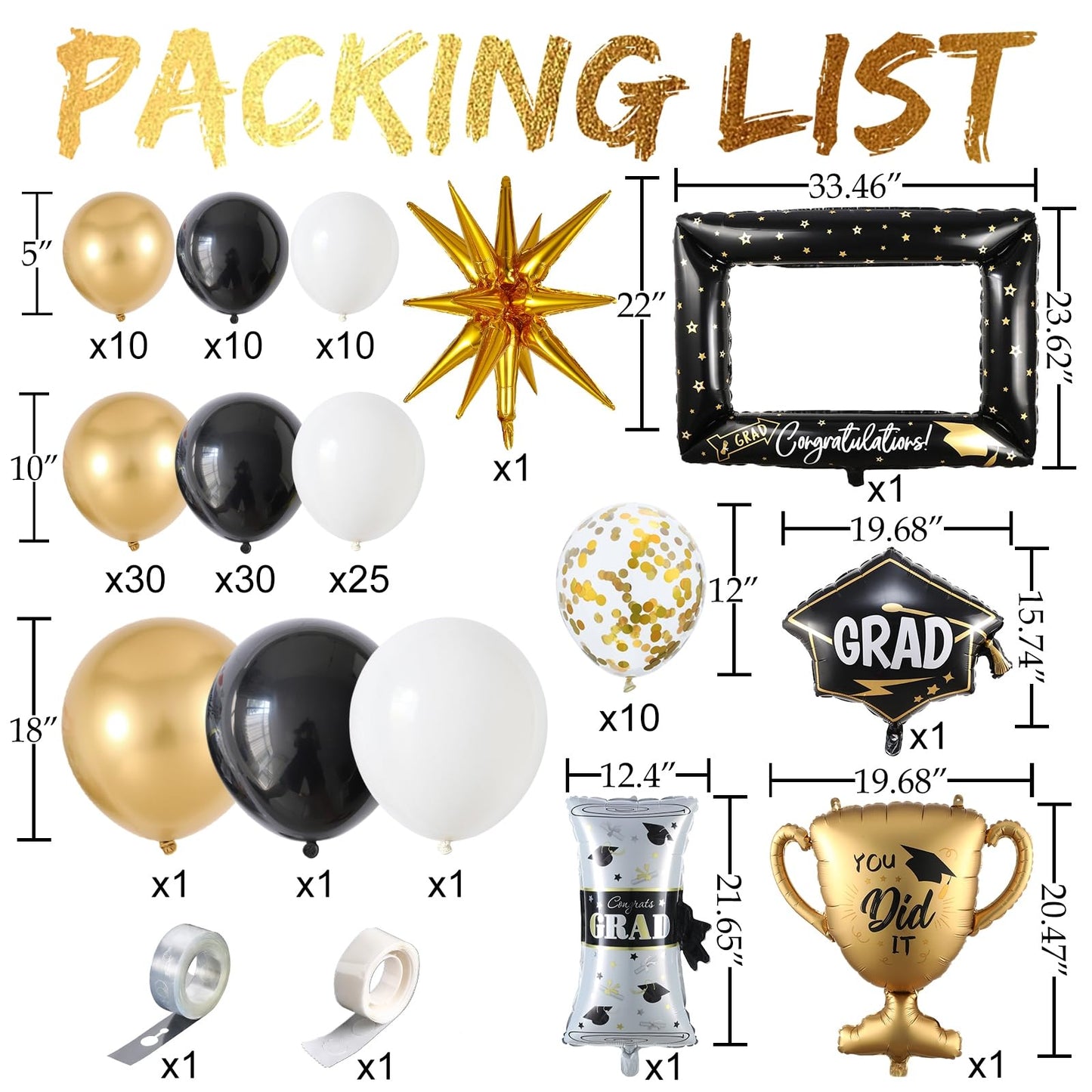 135Pcs Black Gold White Graduation Balloon Garland Arch Kit,with Explosion Star,Diploma,Trophy,Grad Hat,Photo Frame Foil Balloons for Congrats Class of 2026 Graduates Celebrations Party Decoration