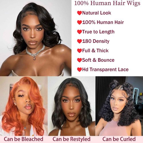 Bob Wig 13x4 Body Wave Lace Front Human Hair Wig 180% Density Natural Black Pre Plucked With Baby Hair for Black Women 16 Inch